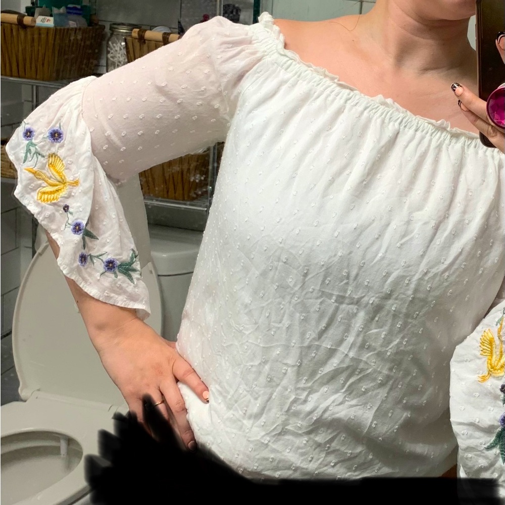 🇨🇭summery Swiss dot cotton blouse with flared embroidered sleeves